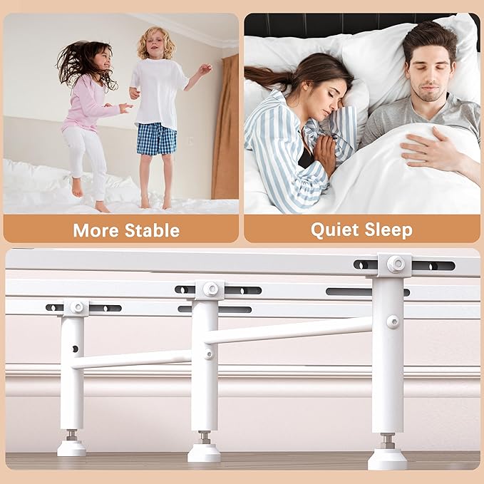 Bed Frame Support System - 3 Cross Rails and 6 Adjustable Legs,Universal Strong Center Support Beams for Full, Queen and King Metal/Wood/Upholstered Bed-White