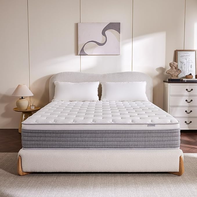 10 Inch Full Mattress, Comfort Foam & Pocket Coil Hybrid Mattress in a Box, Medium Firm Cooling Breathable Knit Cover, Motion Isolation & Edge Support, Gray & White