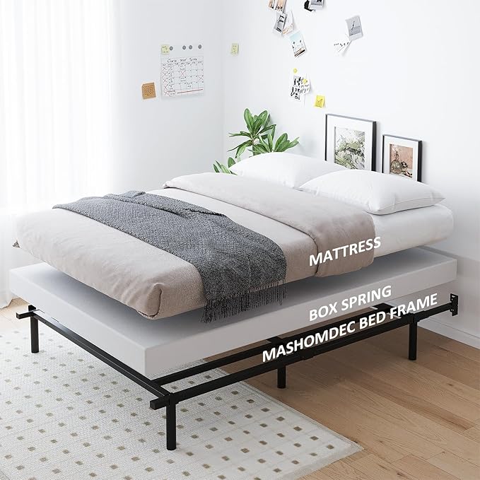 Queen Metal Bed Frame, 7 Inch Low Heavy Duty Platform Bed Frames Queen Size for Box Spring and Mattress, Easy Assembly, Noise-Free, Adjustable, Black