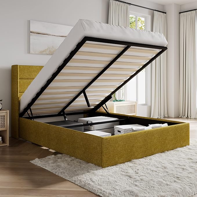 SHA CERLIN Queen Size Lift Up Storage Bed/Modern Wingback Headboard/Upholstered Platform Bed Frame/Hydraulic Storage/No Box Spring Needed/Wood Slats Support/Olive Yellow