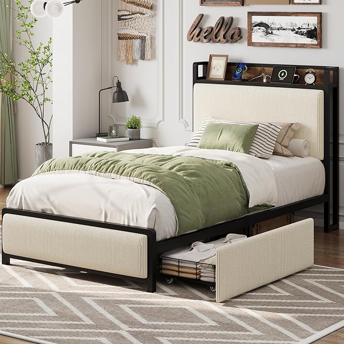 Twin-XL Size Bed Frame with Storage Headboard, Black Corduroy Upholstered Twin Platform Bedframe with Storage Drawers and Charging Station, No Box Spring Needed, Noise Free