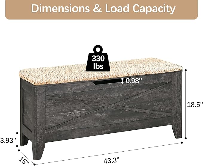 VECELO 43.3" Storage Chest with Lift Top Storage, Farmhouse Style Ottoman with Handwoven Wicker Cushion, Safety Hinges, Ideal for Entryway, Bedroom, Living Room, Coal Gray