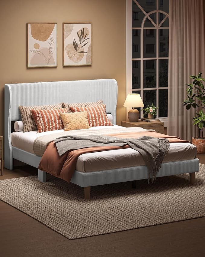 Bestier Queen Bed Frame with Wingback Headboard,Upholstered Platform Queen Size Bed with Strong Wooden Slats,No Box Spring Needed,Never Squeaks,Easy Assembly,Light Grey