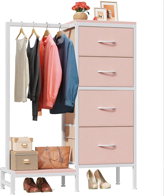 HIGDBFE Dresser with Hanging Rack, 4 Drawers Small Closet for Bedroom, Reversible Fabric Kids Chest of Drawers with Clothes Rack, Tall Storage Tower, Sturdy Frame, Pink, 44''H