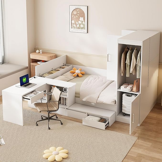 SOFTSEA Full Size Daybed with Wardrobe, L-Shaped Desk, 6 Drawers & USB Ports, Wooden Platform Bed with Open Shelves & Under Bed Storage, Space-Saving Corner Bed for Kids Teens, White