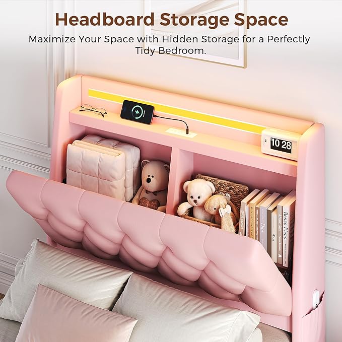 Twin LED Velvet Bed Frame with 2 Storage Drawers&Hidden Headboard, Upholstered Platform Bed with Charging Station&Button Tufted Design, Wooden Slats Support, Box Spring Optional, Easy Assembly, Pink