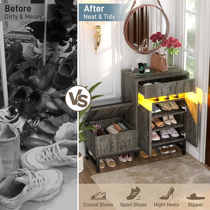 Armocity Shoe Cabinet Storage for Entryway - Freestanding Shoe Rack Bench with LED Lights & Power Outlets, Reversible Shoe Storage Cabinet Organizer with Drawer and Hidden Compartment, Grey Oak