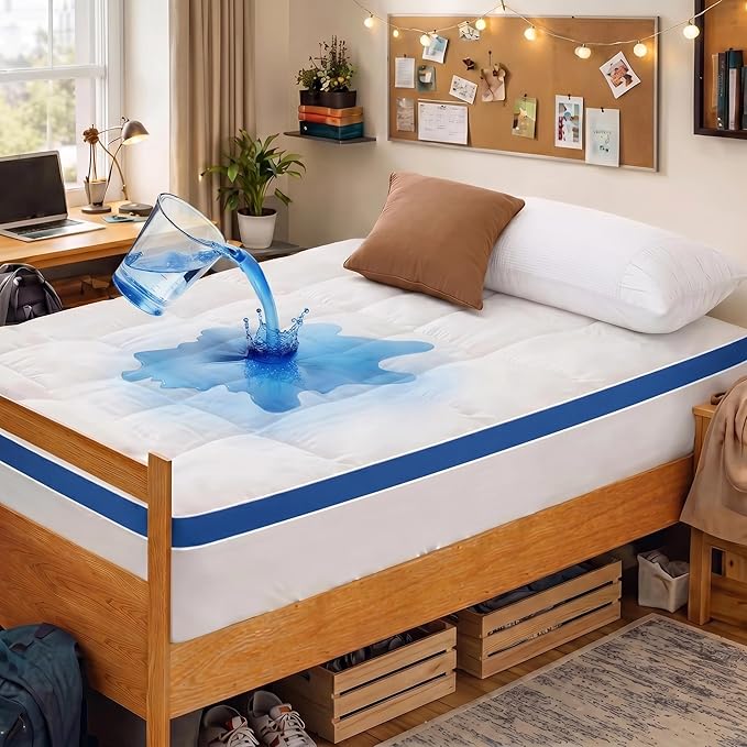Mattress Topper Twin XL College Dorm, Waterproof Bed Topper Twin XL Mattress Pad Cover for College, Cooling Pillow Top Mattress Topper with Deep Pockets Fluffy Fill Mattress Protector