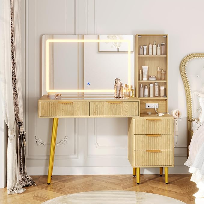 Garvee 48" Fluted Makeup Vanity Desk with Mirror and Lights, Glass Top Vanity Table with 5 Drawers, Open Shelf and Power Outlet, Modern Dressing Table for Bedroom and Living Room
