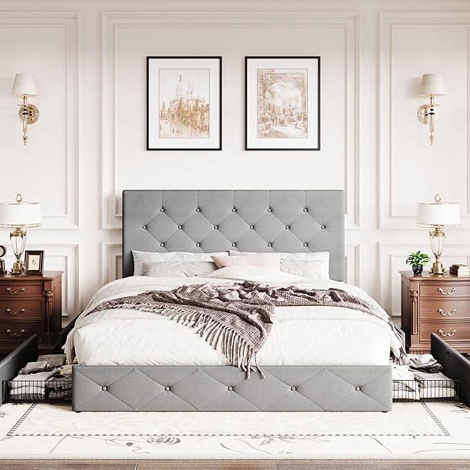 SHA CERLIN Upholstered Queen Size Platform Bed Frame with 4 Storage Drawers, Adjustable Headboard with Diamond Stitched Button Tufted Design, Wooden Slat Support, No Box Spring Needed, Light Grey