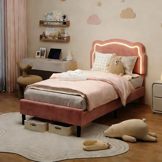 GarveeHome Twin Upholstered Smart LED Bed Frame with Headboard, Velvet Princess Platform Bed Frame for Kids, Wooden Slats Support, No Box Spring Needed (Rose)