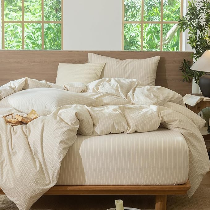 MooMee Striped Duvet Cover Set 100% Washed Cotton Linen Like Textured Breathable Durable Soft Comfy (Almond Milk Grey White Wide Stripes, Oversized Queen 98"x98")