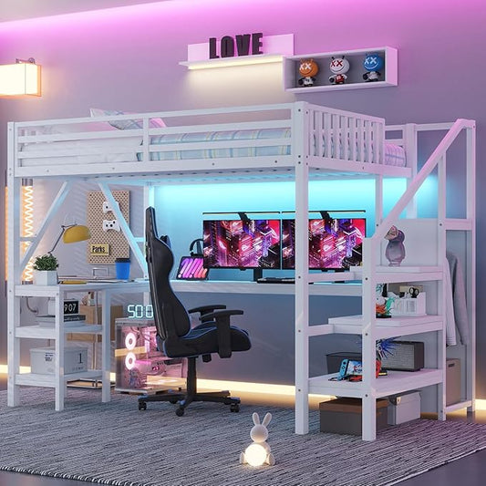 Full Size Loft Bed with Desk and Stairs, Metal Heavy Duty Loft Bed with Wardrobe and LED Light, USB Port and Storage Shelves, LoftBed Frames for Kids, Teens, Adults, No Box Spring Needed, White