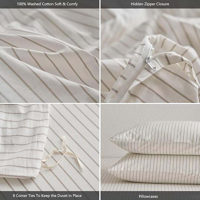MooMee Striped Duvet Cover Set 100% Washed Cotton Linen Like Textured Breathable Durable Soft Comfy (White Tannish Linen Grey Wide Stripes, Alaska King 132"x120")