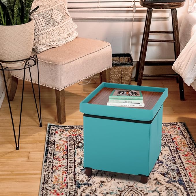 Dorriss Storage Ottoman - Foldable Footstool with Storage, Square Tray, Coffee Table Lid, Light Green