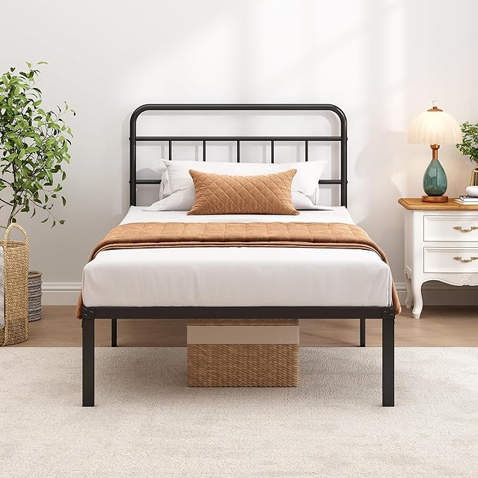 Twin Bed Frame with Classic Headboard,Strong Metal Slats Support,Under Bed Storage Space,No Box Spring Needed,Easy to Assemble,Black