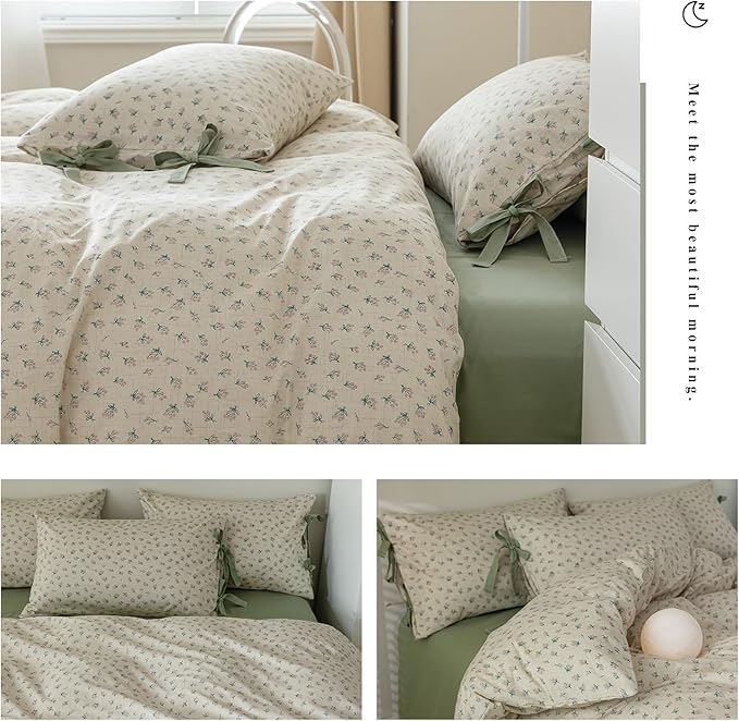 mixinni Country Style Duvet Cover Twin Size - Cottagecore Green Floral Vintage Bedding 3PC with Bow Ties Pillowcases, 100% Cotton Soft Aesthetic Boho Comforter Cover for Girls-Twin XL Size
