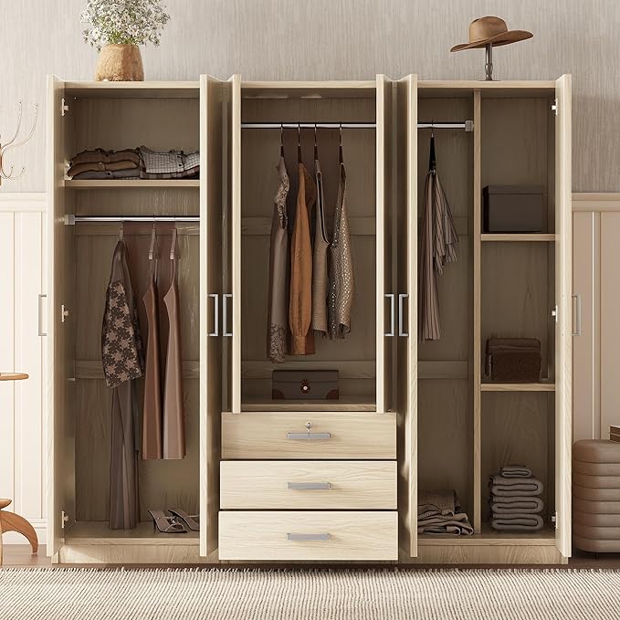 68" H Large 6 Doors Wooden Wardrobe Closet, Freestanding Armoire Wardrobe Closet Cabinet with 3 Drawers, Shelves and Hanging Rod for Hanging Clothes, Coat Closets for Bedroom, Brown