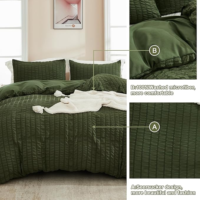 AveLom Dark Olive Green Seersucker Duvet Cover Set King (104 x 90 inches), 3 Pieces (1 Duvet Cover + 2 Pillowcases), Soft Washed Microfiber, Textured Duvet Cover with Zipper Closure, Corner Ties