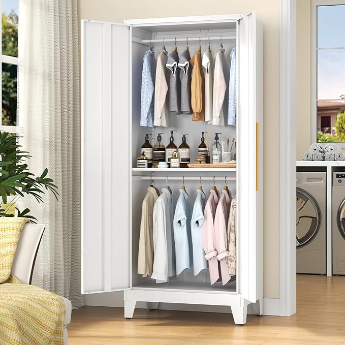 72" Tall Metal Armoire Wardrobe Closet - Large Clothing Storage Cabinet with Mirror Doors, 2 Hanging Rod & Adjustable Shelve - Closet Organizer for Bedroom, Office, Laundry Room, Garage - White