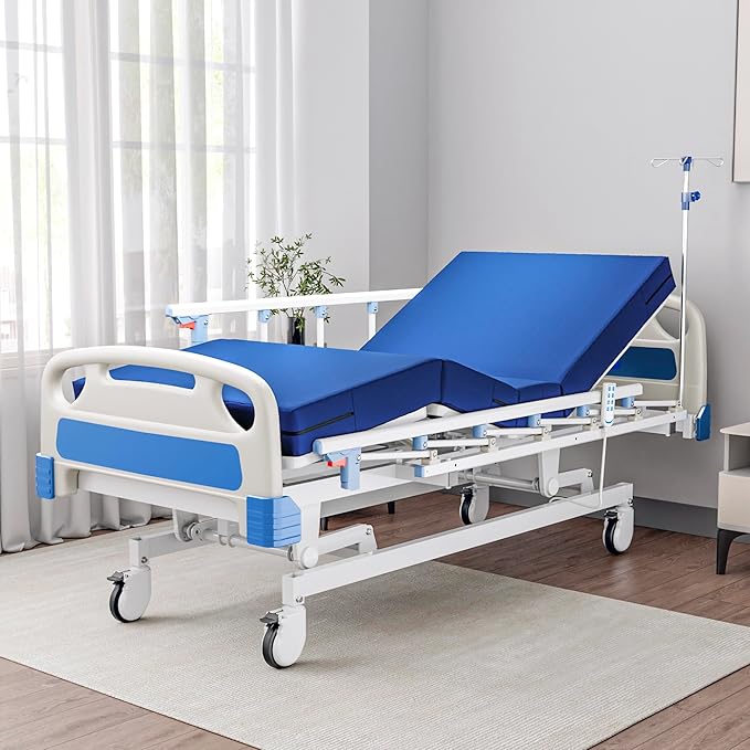Premium Full Electric Hospital Bed for Home Use, 3 Function Medical Bed with 4.7” Foam Mattress, Height Adjustable, Individual Locking, Includes Tray and Sheets (2X) (3 Function)
