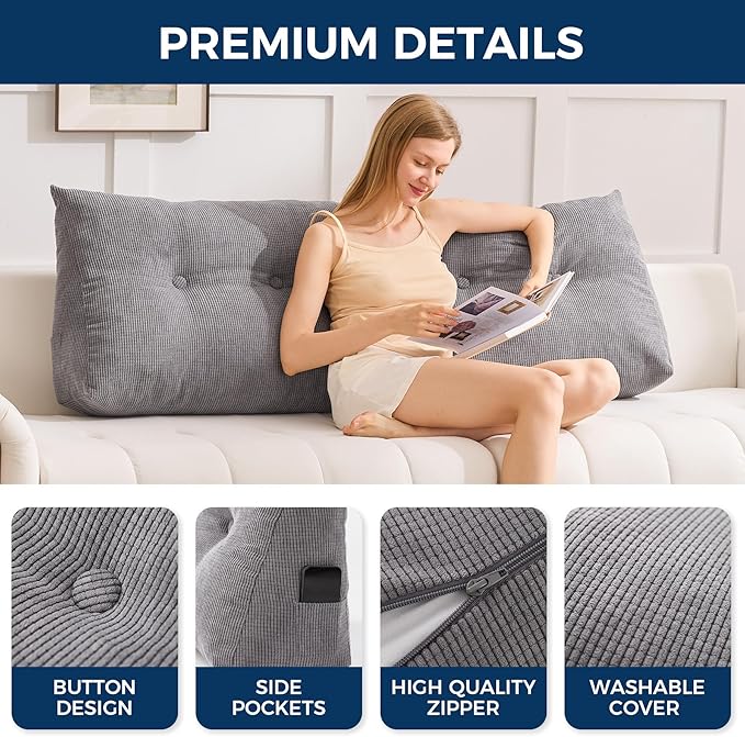IASEAHK Headboard Pillow Queen, Triangle Pillows for Headboard, Head Board Backrest Wedge Pillow for Reading Sitting Working, Daybed Pillows with Removable Cover for Bed Dorm Sofa, Dark Grey