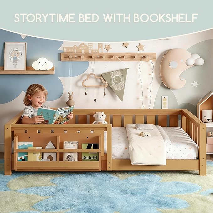 Bellemave Twin Floor Bed Frame with Fence & Bookshelf, Solid Pine Wood Twin Montessori Floor Bed with Slats Load 300LBS, Low Profile Floor Bed for Kids, Nursery, Bedroom, Easy Assembly, Natural