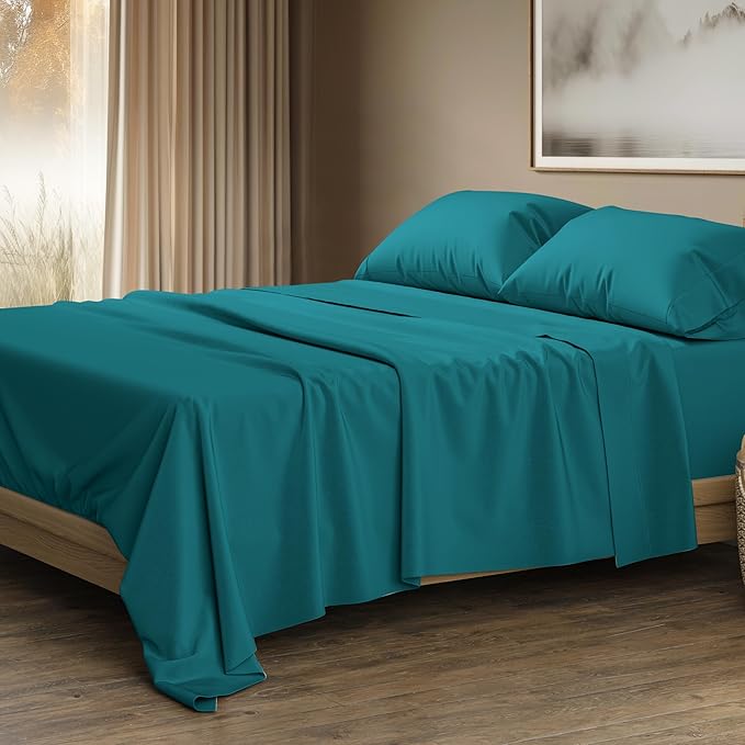 THREAD SPREAD 100% Egyptian Cotton Sheets Queen Size - Luxury 1500 Series Queen Sheet Set Egyptian Cotton (4 PC, Teal), Silky Soft, Sateen Weave, Cooling & Breathable, 17" Deep Pocket Bed Set