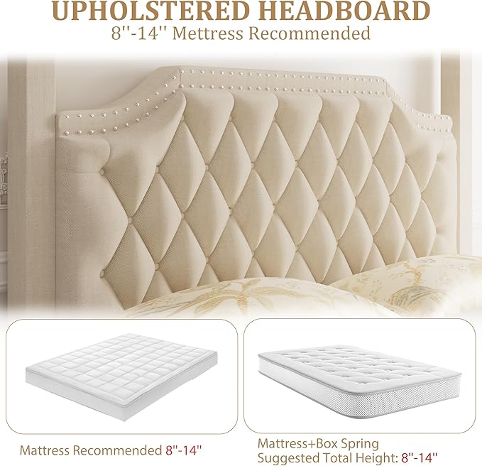 GarveeHome Upholstered Canopy Bed Frame Queen Size with headboard, Button Tufted, Nailhead Trim Design, No Box Spring Required, Beige(Shipped in 2 Boxes)