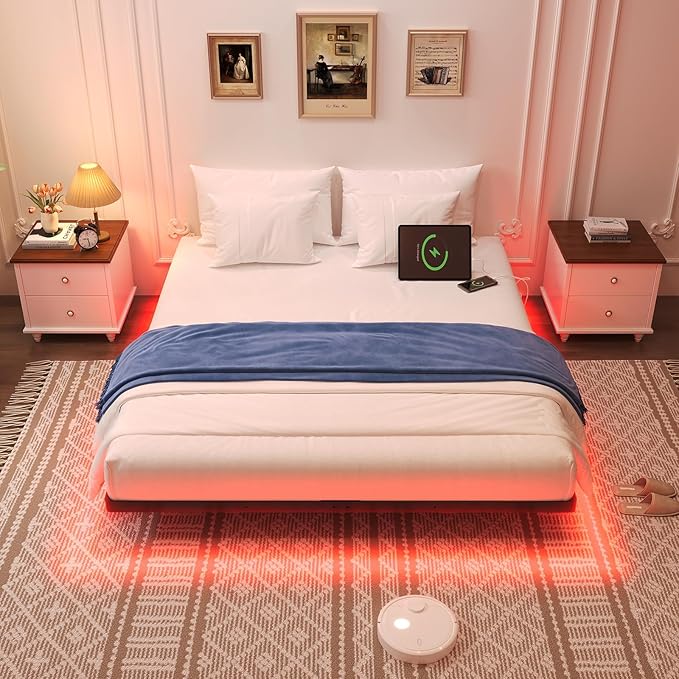 Awesofurni Floating Bed Frame Queen Size with LED Lights and Charging Station, Heavy Duty Modern Metal Platform Bed No Box Spring Needed - Easy Assembly and Noise Free
