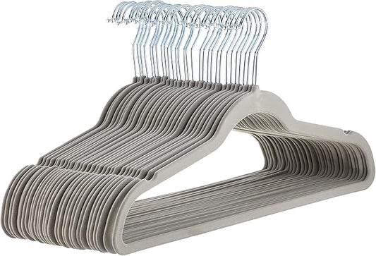 Amazon Basics Slim Velvet Non-Slip Space Saving Suit Clothes Hangers, Sturdy Metal, Gray/Silver, 30-Pack