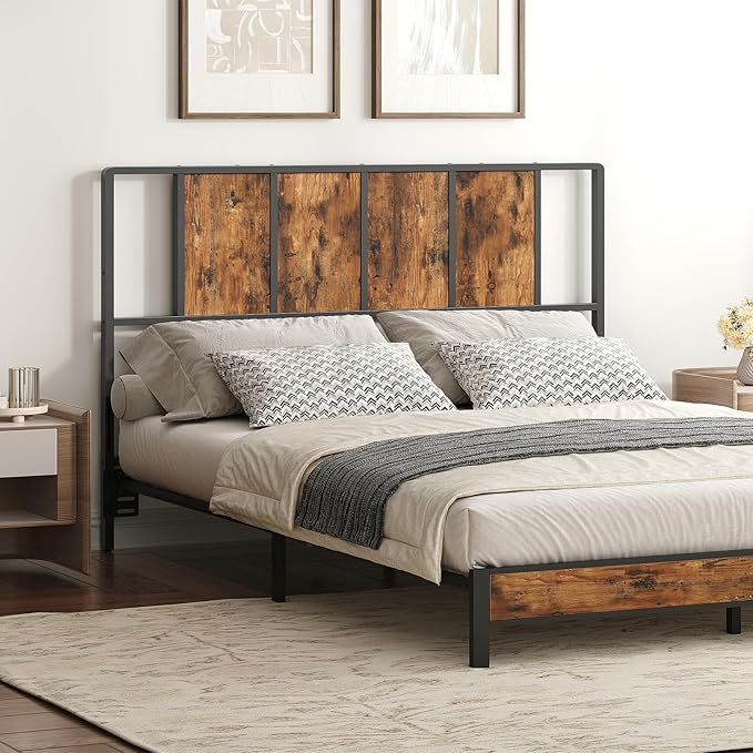 MAHANCRIS Queen Size Headboard Only, Metal Headboard with Adapters, Minimalist Industrial Style for Queen Size Beds, Rustic Brown and Black