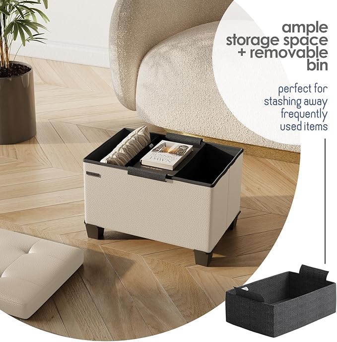 Storage Ottoman Cube with Small Bin, 16-in Square Ottoman with Storage for Living Room and Bedroom, Small Ottomans Foot Rest, Leather Foot Stools Ottomans Max 330lbs, Beige