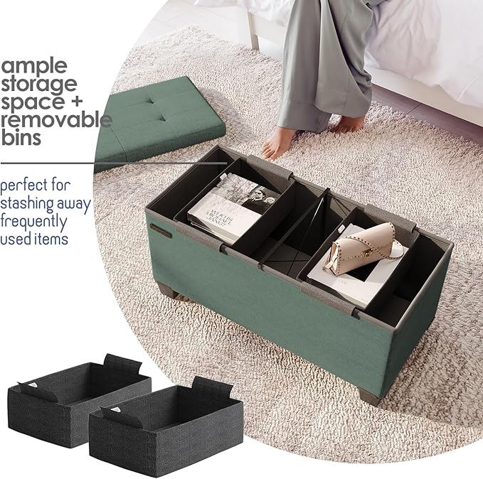 Storage Ottoman Bench with Bins, 30-in Storage Bench for Bedroom End of Bed, Folding Foot Rest Ottoman for Living Room Max 660lbs, Fabric Ottomans, Green