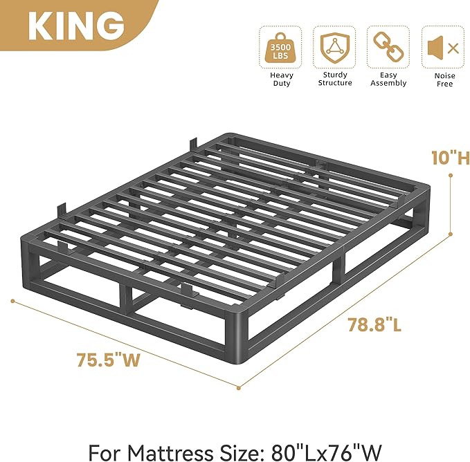10 Inch King Size Bed Frame with Rounded Corner and Squeak Free U-Slot Design, Metal Platform Bed Frames 6 Non-Slip Guards, 3500lbs Heavy Duty Steel Slat Support, No Box Spring Needed, Black