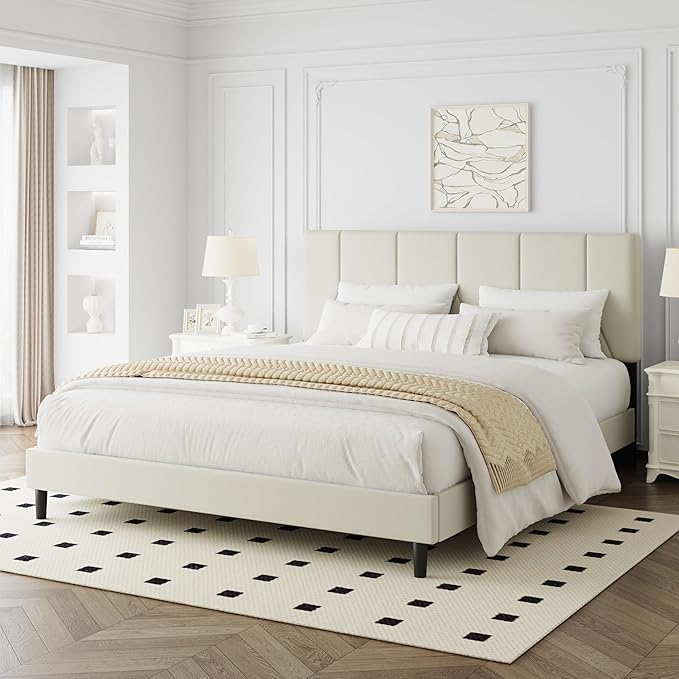 Queen Bed Frame, Padded Platform Bed Frame with Velvet Headboard, Vertical Quilted Design, Sturdy Slatted Mattress Base, No Spring Mattress Required, Easy to Assemble, Beige