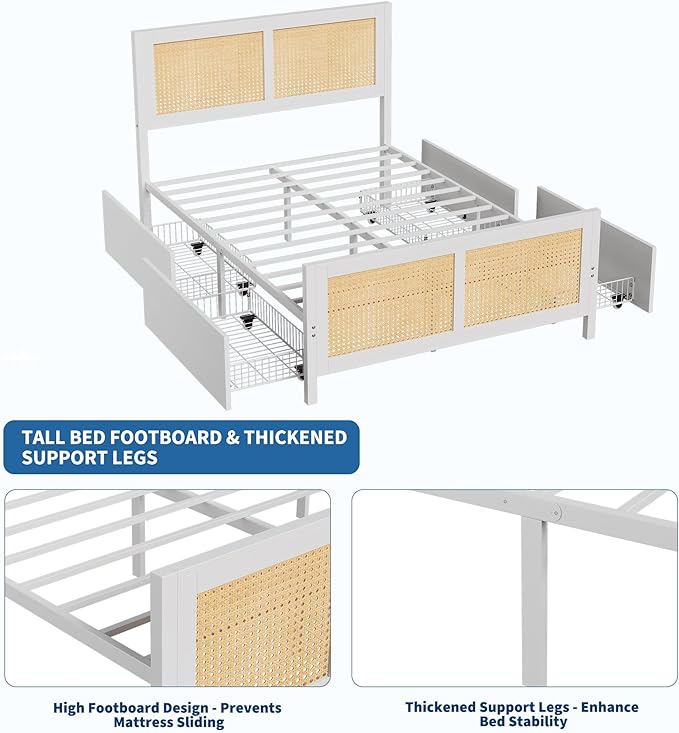 GarveeHome White Rattan Bed Frame with Headboard, Boho Cane Platform King Size Bed Frame with 4 Drawers, Strong Metal Slats Support, Noise Free, No Box Spring Needed