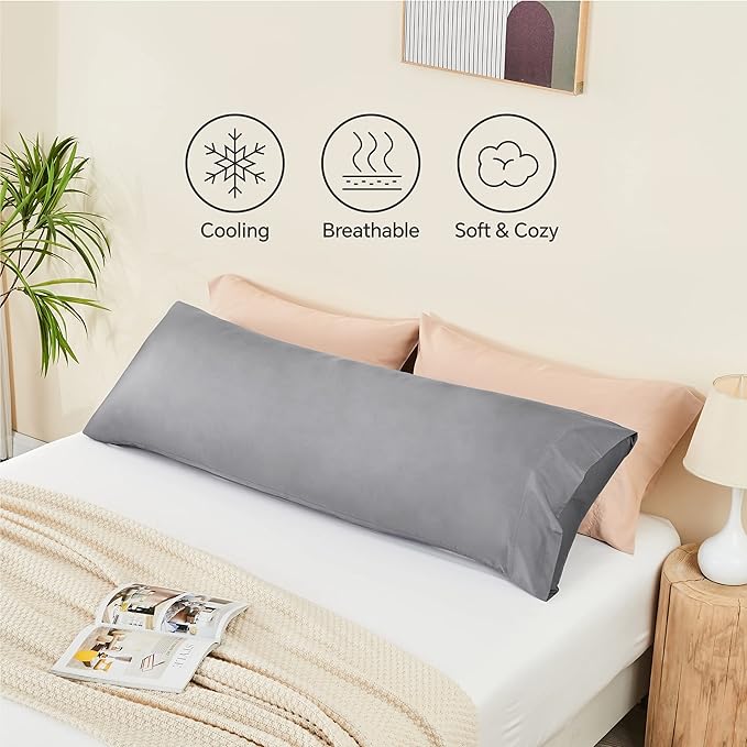BEDELITE Body Pillow Case Cover, Rayon Made from Bamboo, Cooling Body Pillow Cover for Hot Sleepers and Night Sweats, Breathable & Silky Soft Full Long Pillow Case (Silver Grey, 20x54 Inches)