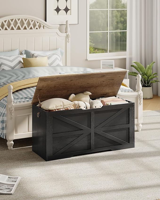 CHOEZON Storage Chest, 39.4" Wooden Storage Trunk, Modern Storage Bench with Safety Hinge, Toy Box, Farmhouse Style, for Bedroom, Living Room, Walnut and Black MCW10BL