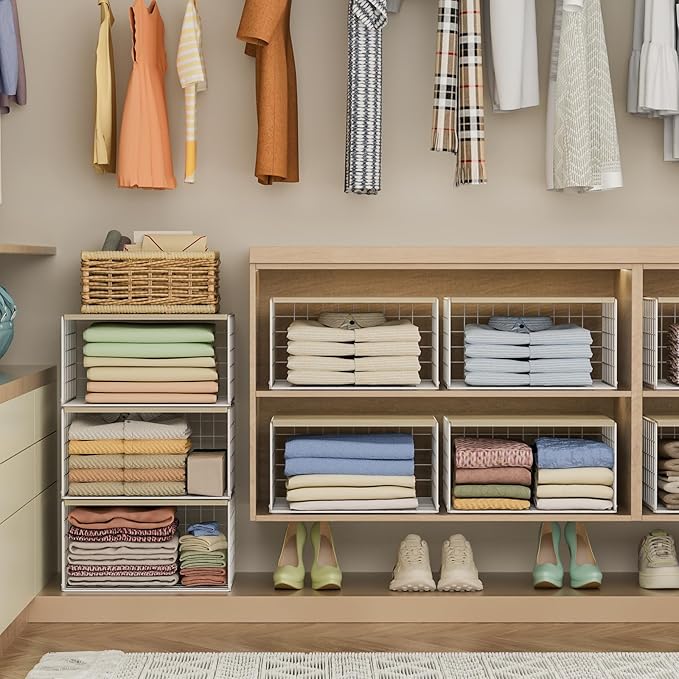 Extra-Long, Low-Profile Closet Organizers and Storage with Wood Top, 3 Pack Stackable Closet Shelf Organizer, Space-Saving Clothes Storage Bin for Wardrobe & Bedroom & Small Spaces, Sturdy (White)