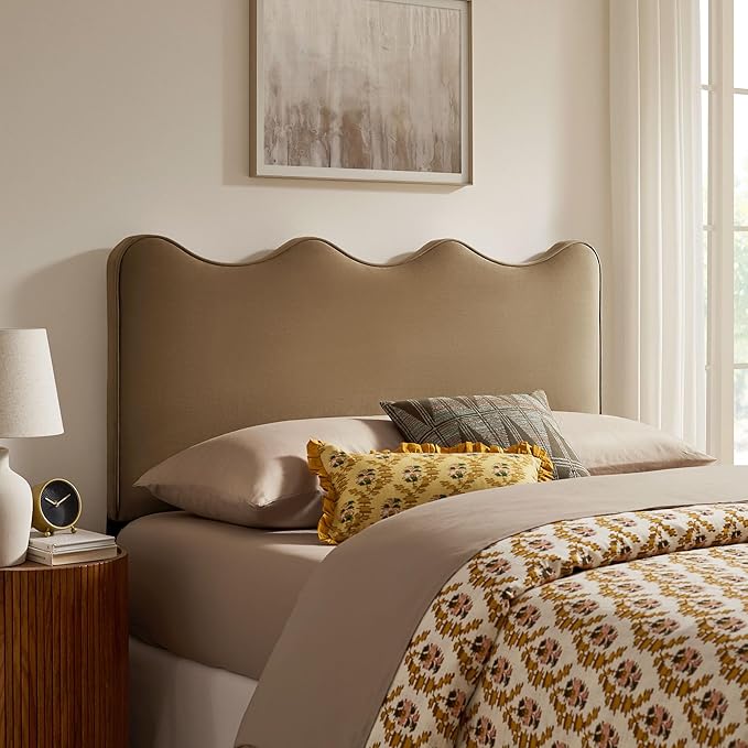Monday Athena Queen Size Performance Velvet Adjustable Headboard in Taupe - with Scalloped Wave Design and Stain-Resistant Velvet Upholstery