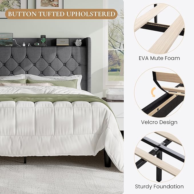 SHA CERLIN King Size Platform Bed Frame with Charging Station, Linen Wingback Headboard with Storage Shelf, Wooden Slats Support, Ample Under-Bed Space, No Box Spring Needed, Easy Assembly, Dark Grey