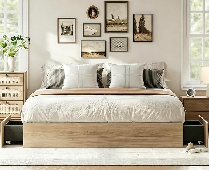 IDEALHOUSE California King Bed Frame with 2 Storage Drawers, Wooden Bed Frame Without Headboard, Minimalist Floor Platform Bed, Wood Slat Support, No Box Spring Needed, Easy Assembly
