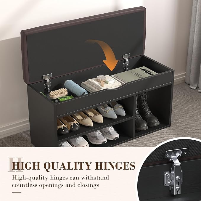 Apicizon Entryway Bench with Shoe Storage, Black, 2-Tier Shoe Rack, Padded Cushion, Wooden Frame