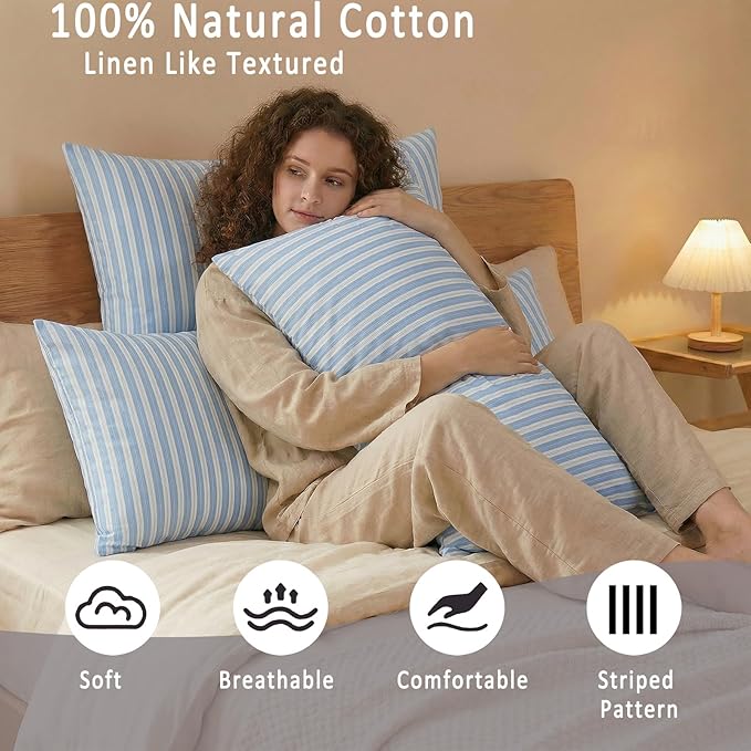 Merryword Blue and White Striped Pillowcases, 100% Cotton Pillow Cases, King Size Pillowcases, Soft Breathable Ribbon Stripe Pillow Covers, Set of 2