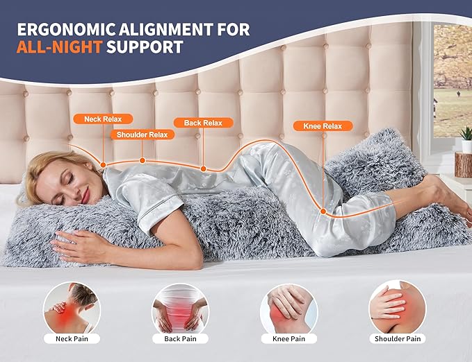Fluffy Silk Full Body Pillow for Adults 20x54 Satin Body Pillow Cover Pillowcase with Memory Foam for Bed Grey Pregnancy Cuddle Snuggles Body Pillows for Sleeping Side Sleeper Pillows for Adults