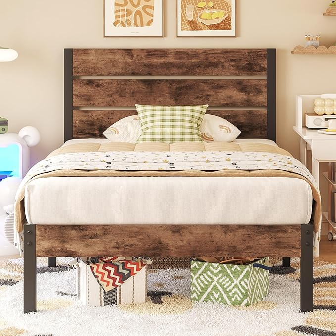 Fluest Twin Bed Frame with Headboard and Footboard, Metal Twin Bed Frame with Under Bed Storage, All-Metal Support System, No Box Spring Needed, Easy Assembly,Rustic Brown