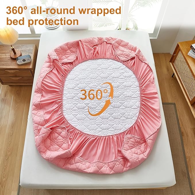Waterproof Mattress Protector, Noiseless Twin Size Mattress Pad with Deep Pocket Fitted Up to 6-12 inches, Soft Breathable Dirt-Proof Bed Mattress Cover Washable for Bedroom, Hotel(1, Pink, Twin)