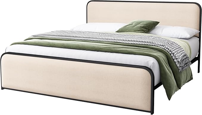 Merax Metal Platform Bed King Size with Curved Upholstered Headboard and Footboard, King Bed Frame with 8" Storage Space Under Bed, Heavy Duty Metal Slats, No Box Spring Needed, Easy Assembly, Beige