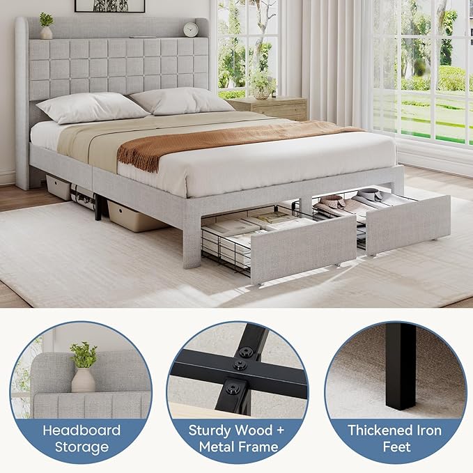 DUMOS Full Size Upholstered Platform Bed Frame, Full Bed with Storage Drawers and Fabric Headboard, Wooden Slats Support, 882 lbs Weight Capacity, No Box Spring Needed, Easy Assembly, Beige
